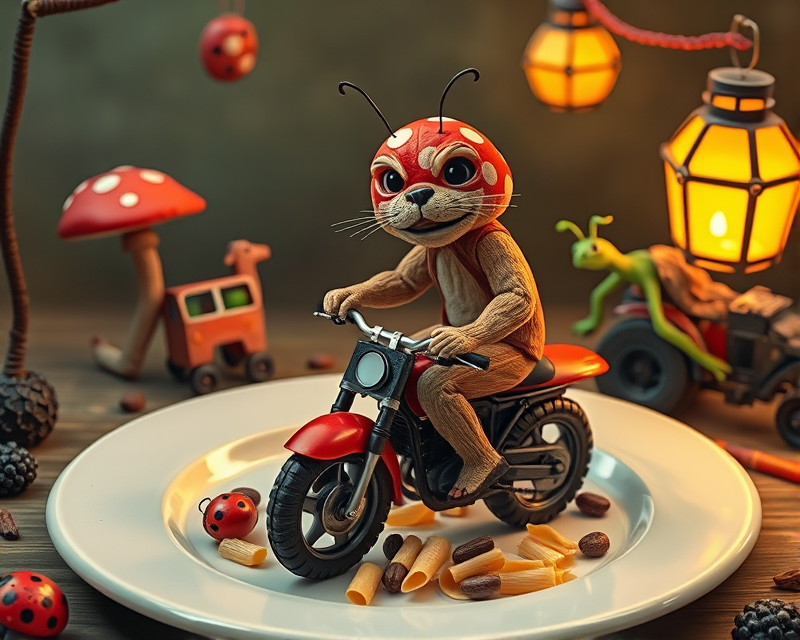 potato chip, mushroom, panther, ladybug, puppet, motorcycle, plate, jeep, camel, dog, unicycle, alien, pasta, lantern, parakeet